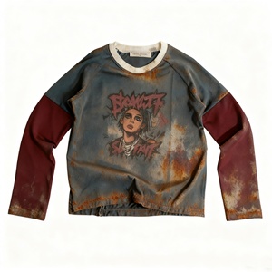 Custom Men's Wear Distressed Vintage Long Sleeve T-Shirt Grunge Punk Style <strong>Rust</strong> Effect Graphic Print Oversized Raglan Tee <strong>Tops</strong> - Product Image 1