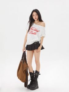 T-Shirt Corta da Donna Stile Retrò Americano con Spalle Scoperte, Maniche Corte e Motivo <span class=keywords><strong>a</strong></span> <span class=keywords><strong>Pois</strong></span> - Product Image 5