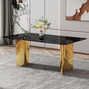 <span class=keywords><strong>Mesa</strong></span> de Comedor Cuadrada Moderna Ajustable con Tapa de Vidrio Estampado Negro y Patas de Metal Dorado <span class=keywords><strong>para</strong></span> Restaurantes y Salas de Estar - Product Image 3