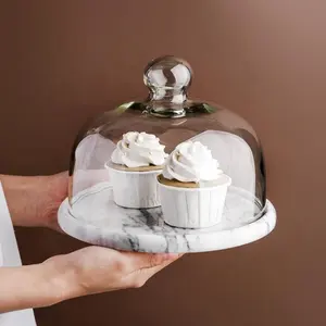 创意天然大理石蛋糕托盘带盖透明玻璃盖水果托盘甜点支架甜点桌装饰装饰品