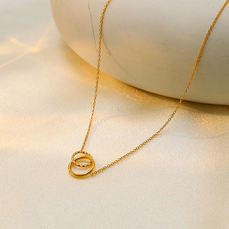 New Double Ring Pendant Necklace Stainless Steel Gold Plated Ring