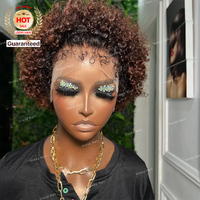Perruque Courte Bouclée Ombrée Style Pixie avec Dentelle Frontale 13x4 en Cheveux Humains, Effet Kinky au Niveau de la Ligne des Cheveux, pour Femmes Noires, Densité 150%