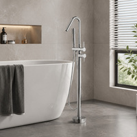 Robinet de baignoire sur pied chromé avec douchette à main, mitigeur de bain à poser au sol