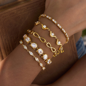 Shiny Stone Gold Jewelry Zircon <b>Bracelets</b> 18k Gold Plated Stainless Steel Handmade <b>White</b> Crystal <b>Bracelet</b> Set for Women - Product Image 4