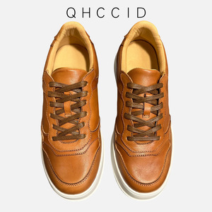 Qhccid Genuine Leather Casual Shoes Brown Mid <b>Heel</b> Thick Sole Unisex Breathable Lightweight Daily Wear - Product Image 1