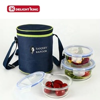 Ensemble de 3 boîtes à lunch circulaires en verre isolées, sac à lunch / récipient alimentaire compatible micro-ondes, couvercle écologique, logo de couleur personnalisé