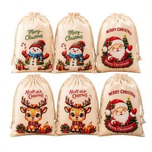 Sac cadeau de Noël en coton à cordon, imprimé Père Noël, bonhomme de neige et rennes, pour fêtes et dessins animés - Product Image 1