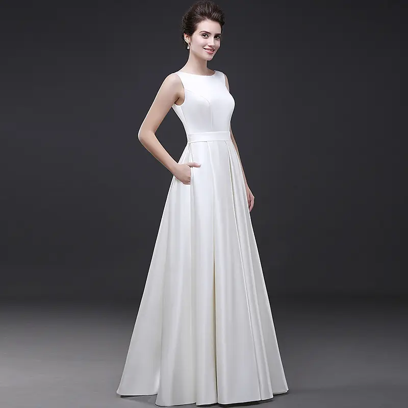 Long style satin white temperament elegant ball gowns wedding prom dresses
