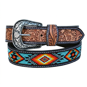 Ceinture en cuir perlée de style occidental avec motif géométrique et boucle en alliage d'argent, style ethnique décontracté, ceinture artisanale durable - Product Image 1