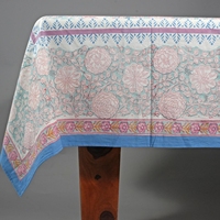 Nappe de table rectangulaire en pur coton, style bohème, imprimé botanique bleu doux, avec bordure florale décorative