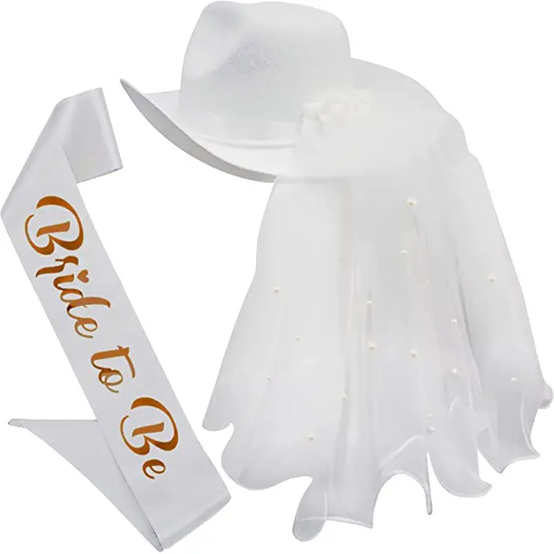 Huiran Bride Cowgirl Hat with Veil & Sash Women White Cowboy Hat Bachelorette Party Decorations Bridal Shower Party Dress Up