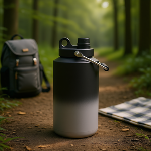 Botella de agua deportiva Orrizen de acero inoxidable, degradado gris, con aislamiento al vacío, boca ancha y asa para acampar y hacer senderismo al aire libre - Product Image 2