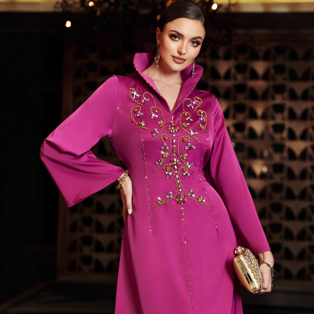 3060 Luxury Satin Dress Rose Pink Elegant Bell Sleeve Stand Collar Design  Glass Rhinestone Embroidery Ball Gown Silhouette| Alibaba.com