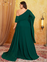 Robe de soirée longue et magnifique, taille plus, à manche unique, avec décoration de perles, ourlet évasé, fleurs perlées à la taille et glands en mousseline