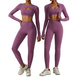 Ensemble de yoga sans couture pour femme : Leggings taille haute longs et brassière de sport à dos croisé à manches longues, couleur unie, tenue de sport - Product Image 1