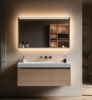 Meuble-lavabo CBMmart au design moderne imitation bois avec vasque en céramique, miroir intelligent et éclairage LED pour appartement