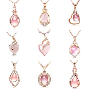 2023 New TS S925 Silver Rose Quartz Cat Eye Crystal Stone Pendant Necklace for Women Gemstone Fashion Jewelry