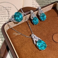 Nouvelle Collection : Parure de Bijoux Fantaisie pour Femme – Collier Pendentif Romantique Paraiba, Boucles d'Oreilles en Laiton Bleu Azur Forme Œuf de Colombe et Bague Ouverte