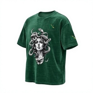 T-shirt décontracté à manches courtes en velours vert foncé pour homme, col rond, coupe classique, imprimé déesses de la mythologie grecque - Product Image 2