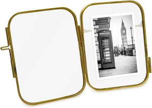 Vintage Style, Round-Edged Brass & Glass Metal Floating Picture <b>Frame</b> with Locket Closure (Vertical), Made for Tabletop Display - Product Image 2