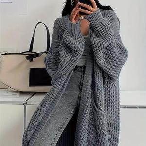 Cárdigan Acanalado de Punto Grueso para <span class=keywords><strong>Mujer</strong></span>, Tallas Grandes, Estilo Casual, Suéter Largo de Ganchillo, Chaqueta de Punto Liso, ¡Gran Oferta! - Product Image 1