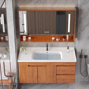 Meuble de salle de bain <span class=keywords><strong>insolite</strong></span> Meuble-lavabo en bois naturel Meuble de bain suspendu de 60 pouces avec lumières LED et miroir anti-désembuage - Product Image 2
