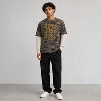 T-shirt à manches longues en tricot gaufré épais personnalisé, imprimé graphique camouflage double couche