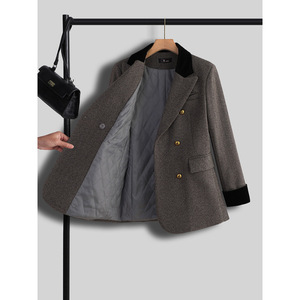 Gray Herringbone Wool Blazer Women's Thick Warm Autumn Winter Coat With Fur Collar Loose Fit Elegant Retro Style - Product Image 4