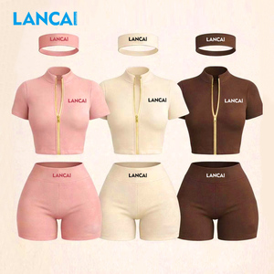 2026 Women 3 Piece Activewear Set Short Sleeve Zip Crop Jacket Booty Shorts Headband Yoga Gym Workout Fitness Outfit Sportswear - Product Image 1