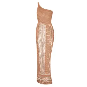 Mujeres Sexy Hollow Out Crochet Maxi Bodycon vestido sin mangas Beach Bikini Cover Up vestidos