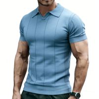 T-shirt tricoté pour homme avec logo personnalisé, style Old Money, coupe ample, col en V, vintage rétro, manches courtes, séchage rapide, respirant, vierge
