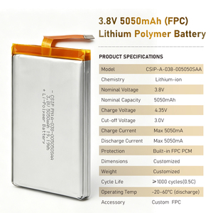 Batterie lithium polymère haute tension <span class=keywords><strong>3</strong></span>,8 V 5050 mAh 5000 mAh avec PCB flexible, cellule LiHV rechargeable, batterie Lipo FPC <span class=keywords><strong>3</strong></span>,8 volts - Product Image 2
