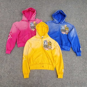 Sudadera con capucha para hombre al por mayor de alta calidad con pedrería, estilo urbano, lavado ácido vintage, bordado 3D, estampado, corte holgado y corto con cremallera - Product Image 2