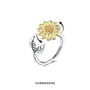 Sunflower Rotating <b>Ring</b> <b>Adjustable</b> Dual Tone With Diamond Pave Setting For Unisex Gift Jewelry - Product Image 1