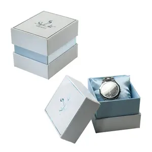 Factory Customized Light Blue LOGO White Cardboard Satin Cushion Single Watch Packaging Gift Box