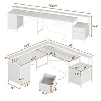 Bureau de jeu en forme de L avec étagère, panneau perforé, table d'ordinateur d'angle blanche avec tiroirs et prise de courant