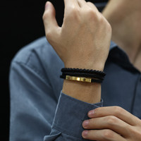 Bracelets en cuir pour hommes gravés sur mesure, multi-couches, avec chaîne perlée mate et barre d'identification vierge en acier inoxydable, vente en gros