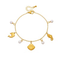 Pulsera de Acero Inoxidable Chapada en Oro de 18k con Colgante de Perla, Concha y Caballito de Mar, Estilo Vacaciones en la Playa, Joyería Impermeable TGSL5683