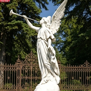 Statue d'ange en marbre blanc YOUFINE avec <span class=keywords><strong>trompette</strong></span>, sculpture d'ange ailé sculptée à la main pour la décoration de jardin - Product Image 1