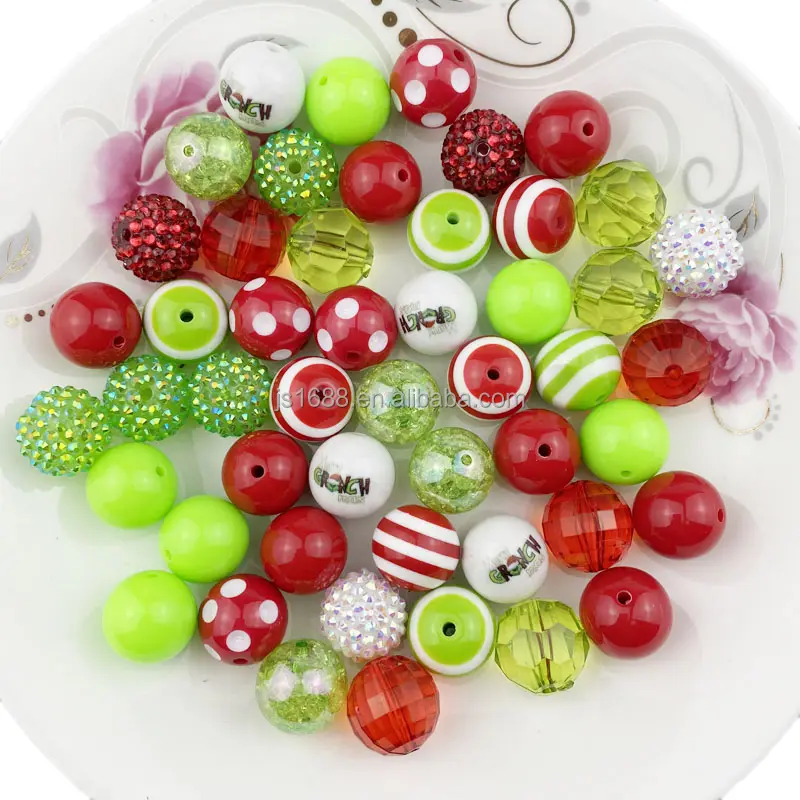 Christmas grinch printed red green bubblegum beads 20mm for jewelry bag pen making necklace acrylic chunky beads 50PC/bag