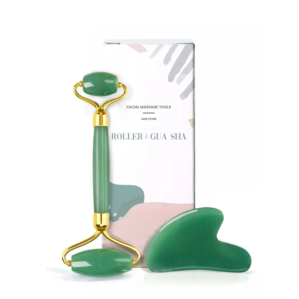 Rolo de Jade Verde e Gua Sha para a pele facial de beleza personalizada 2024 para ferramenta de massagem facial