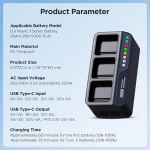 ฮับชาร์จแบตเตอรี่โดรน 200W 3 ก้อน อุปกรณ์ชาร์จแบตเตอรี่แบบเร็ว ชาร์จเร็ว 3 เท่า พร้อมตัวจัดการการชาร์จสำหรับชุดแบตเตอรี่ Flig - Product Image 2