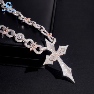 Collier chaîne cubaine 15 maillons en argent sterling 925 massif plaqué or avec moissanite, design croix infini mixte, bijoux pour homme style Iced Out - Product Image 2