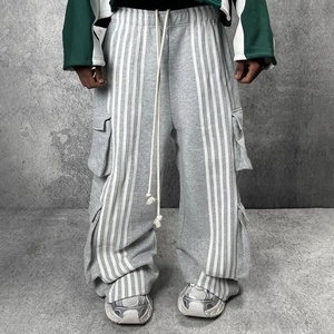 Özel ter pantolon uzun halat ağır kalın pamuk kargo alevlendi düz Fit şerit Baggy bacak Sweatpants erkekler - Product Image 2