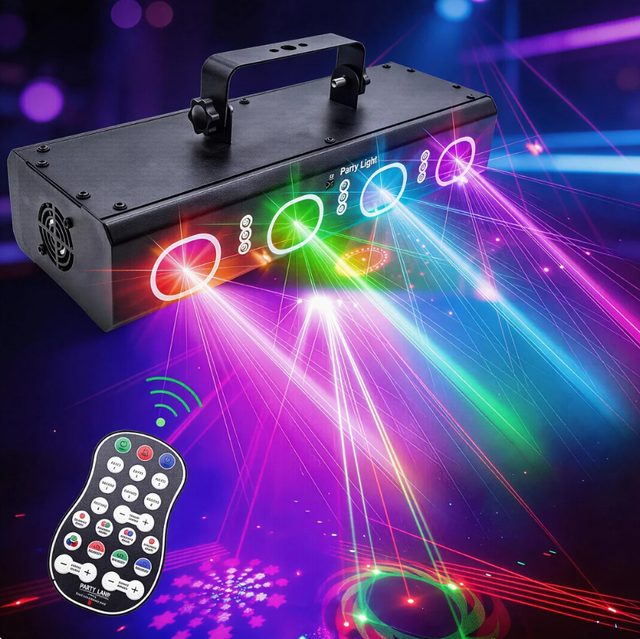 RGB Laser Stage Light-Four Head Portable Mini Projector,DMX512/Sound Activated/Remote/Master Slave for Bar, KTV,Wedding Party