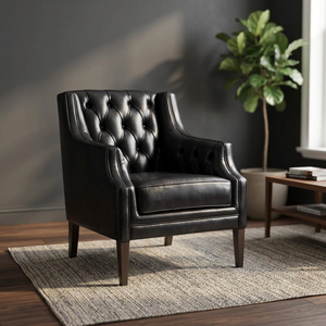Fauteuil capitonné vintage en similicuir noir - Chaise club de style moderne du milieu du siècle - Sièges de salon - Product Image 2