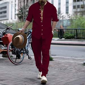 Popular europeo y americano estilo primavera y otoño hombres rayas Henri cuello camisa pantalones moda Casual deportes conjunto de 2 piezas - Product Image 4