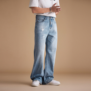 جينز للرجال أزرق فضفاض للرجال جينز واسع الساق واسع جينز فضفاض منتصف الخصر نمط عارضة غسول خفيف للجميع - Product Image 4