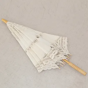 Payung Parasol pernikahan renda murah, tangkai kayu katun renda