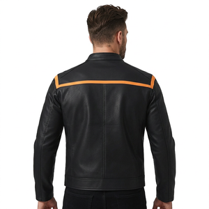Chaqueta de Motocicleta Impermeable de Cuero PU Negro para Hombre con Detalles Naranjas, Cuello Alto, Cierre de Cremallera, Logotipo de la Marca, a la Moda, para Invierno - Product Image 3